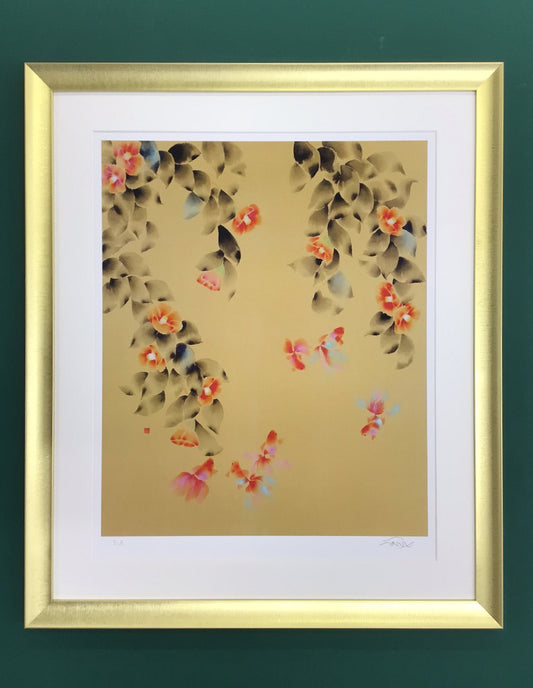 片岡鶴太郎・版画「椿に金魚」